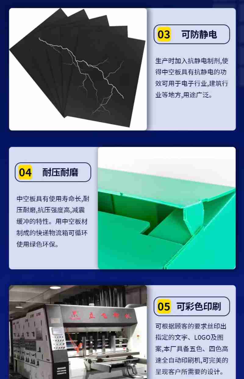 耐压耐磨中空楚具有使用寿命长耐压耐磨抗压强度高准震缓冲的特性用中空桥材制成的快递物流箱可循环使用绿色环保可防静电生产时加入抗静电制剂使得中空板具有抗静电的功效可用于电子行业建筑行业等地方用途广泛可彩色印刷可根据货客的要求丝印出指定的文字及图栾本厂具备五色四色高速全自动印刷机可完美的呈现客户所需要的设计